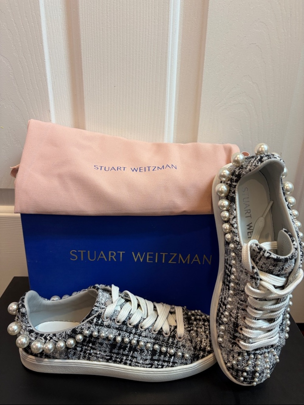 Stuart Weitzman Black & White Tweed Pearl-Trim Sneakers